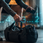 Eine Person greift entschlossen nach ihrer Sporttasche, während ein grafischer Countdown die 5-Sekunden-Regel zur Überwindung von Trägheit symbolisiert.