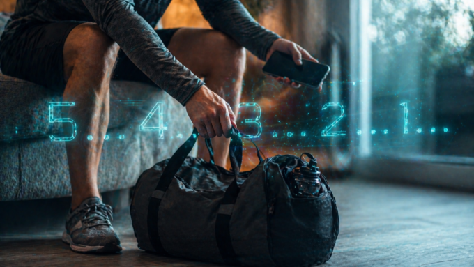 Eine Person greift entschlossen nach ihrer Sporttasche, während ein grafischer Countdown die 5-Sekunden-Regel zur Überwindung von Trägheit symbolisiert.