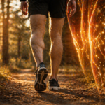 Ein Sportler geht entspannt auf einem sonnigen Waldweg, während eine subtile grafische Einblendung der Beine die verbesserte Durchblutung und Muskelregeneration symbolisiert.