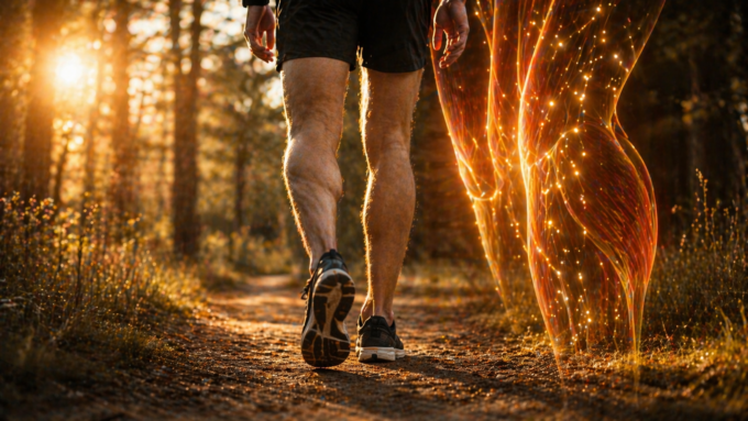 Ein Sportler geht entspannt auf einem sonnigen Waldweg, während eine subtile grafische Einblendung der Beine die verbesserte Durchblutung und Muskelregeneration symbolisiert.