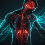 Eine abstrakte Visualisierung des Stresshormons Cortisol im menschlichen Körper und dessen regulierende Wirkung durch Entspannungstechniken.