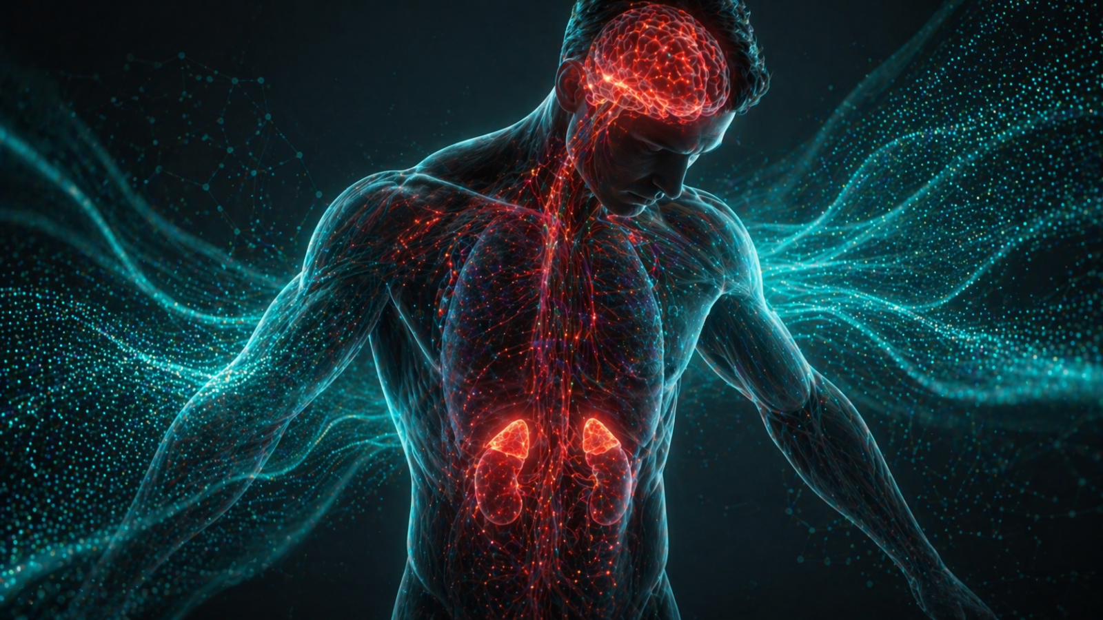 Eine abstrakte Visualisierung des Stresshormons Cortisol im menschlichen Körper und dessen regulierende Wirkung durch Entspannungstechniken.