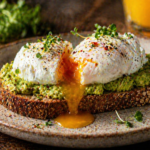 Ein angeschnittenes pochiertes Ei mit flüssigem Eigelb auf Vollkornbrot – Symbol für die gesunde Nährstoffkraft von Eiern trotz Cholesterin-Mythos.