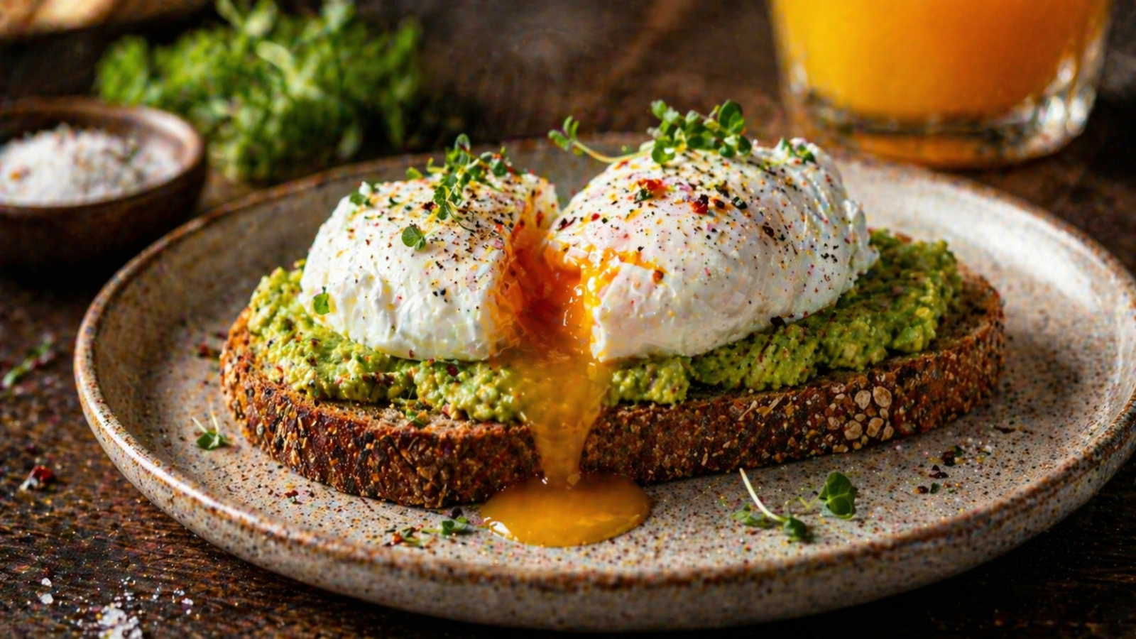 Ein angeschnittenes pochiertes Ei mit flüssigem Eigelb auf Vollkornbrot – Symbol für die gesunde Nährstoffkraft von Eiern trotz Cholesterin-Mythos.