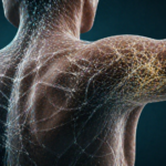 Eine digitale Visualisierung des menschlichen Faszien-Netzwerks als leuchtende Gitterstruktur über der Muskulatur.