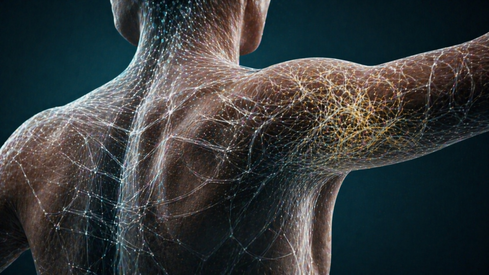 Eine digitale Visualisierung des menschlichen Faszien-Netzwerks als leuchtende Gitterstruktur über der Muskulatur.