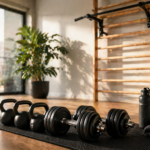 in minimalistisches Home-Gym Setup mit Hanteln, Matte und Kettlebells in einer hellen Wohnung – die wichtigsten Essentials für das Training zuhause