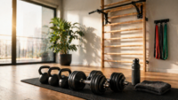 in minimalistisches Home-Gym Setup mit Hanteln, Matte und Kettlebells in einer hellen Wohnung – die wichtigsten Essentials für das Training zuhause