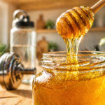 Ein Glas goldener Honig mit einem Honiglöffel vor unscharfem Fitness-Equipment als natürlicher Pre-Workout-Booster.