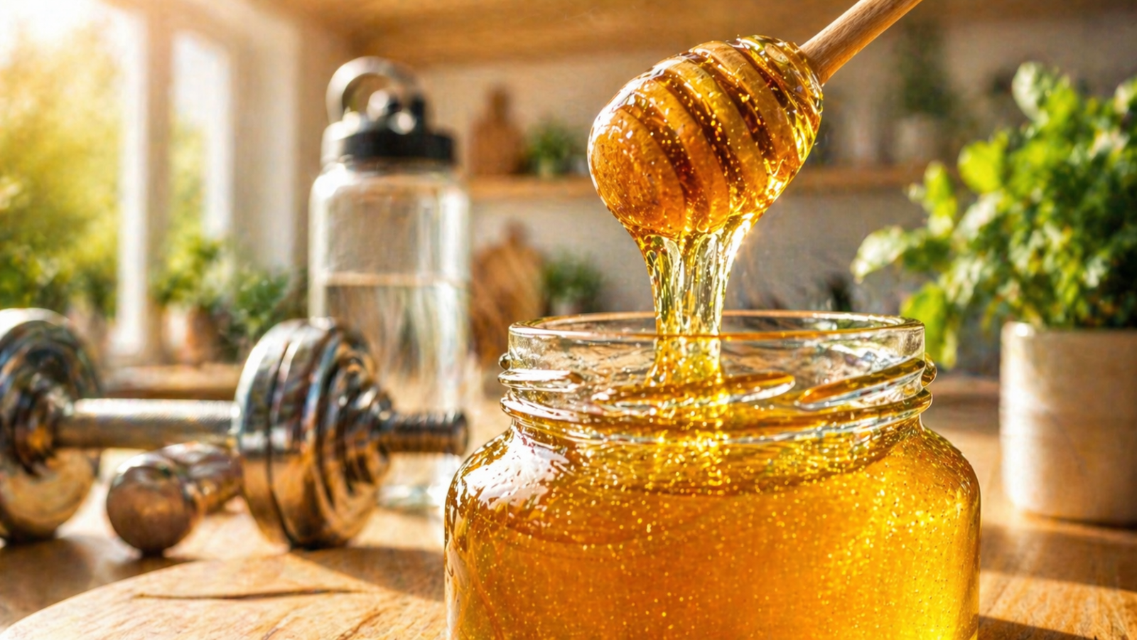 Ein Glas goldener Honig mit einem Honiglöffel vor unscharfem Fitness-Equipment als natürlicher Pre-Workout-Booster.