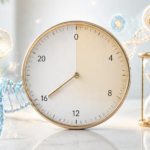 Eine ästhetische Darstellung einer Uhr mit symbolischen Zell-Strukturen, die den Prozess der Autophagie beim 16-stündigen Intervallfasten verdeutlicht.