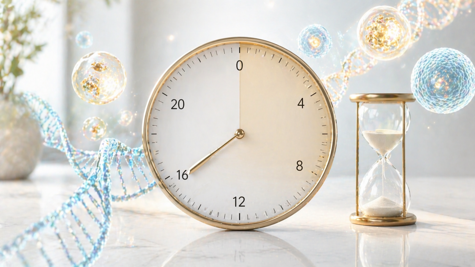 Eine ästhetische Darstellung einer Uhr mit symbolischen Zell-Strukturen, die den Prozess der Autophagie beim 16-stündigen Intervallfasten verdeutlicht.