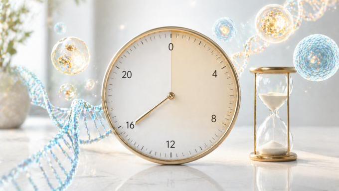 Eine ästhetische Darstellung einer Uhr mit symbolischen Zell-Strukturen, die den Prozess der Autophagie beim 16-stündigen Intervallfasten verdeutlicht.