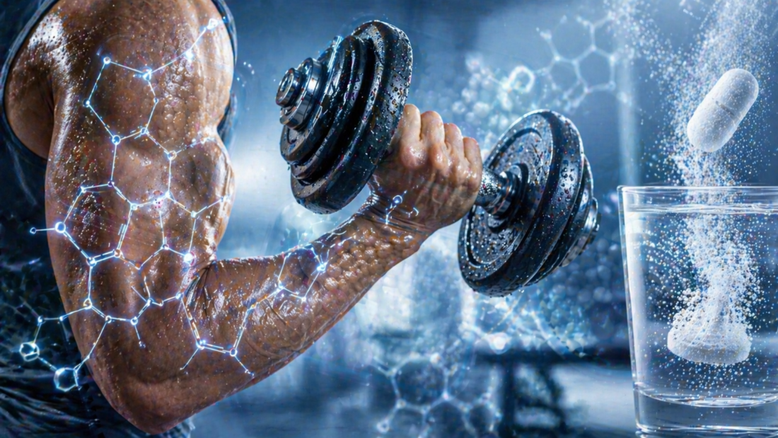 Ein athletischer Arm mit einer Hantel und einer eingeblendeten molekularen Grafik, die die Bedeutung von Magnesium für die Muskelfunktion symbolisiert.