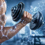 Ein athletischer Arm mit einer Hantel und einer eingeblendeten molekularen Grafik, die die Bedeutung von Magnesium für die Muskelfunktion symbolisiert.