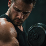 Nahaufnahme eines fokussierten Athleten während der Kontraktion eines Muskels, zur Verdeutlichung der neuronalen Ansteuerung im Kraftsport.