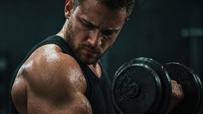 Nahaufnahme eines fokussierten Athleten während der Kontraktion eines Muskels, zur Verdeutlichung der neuronalen Ansteuerung im Kraftsport.