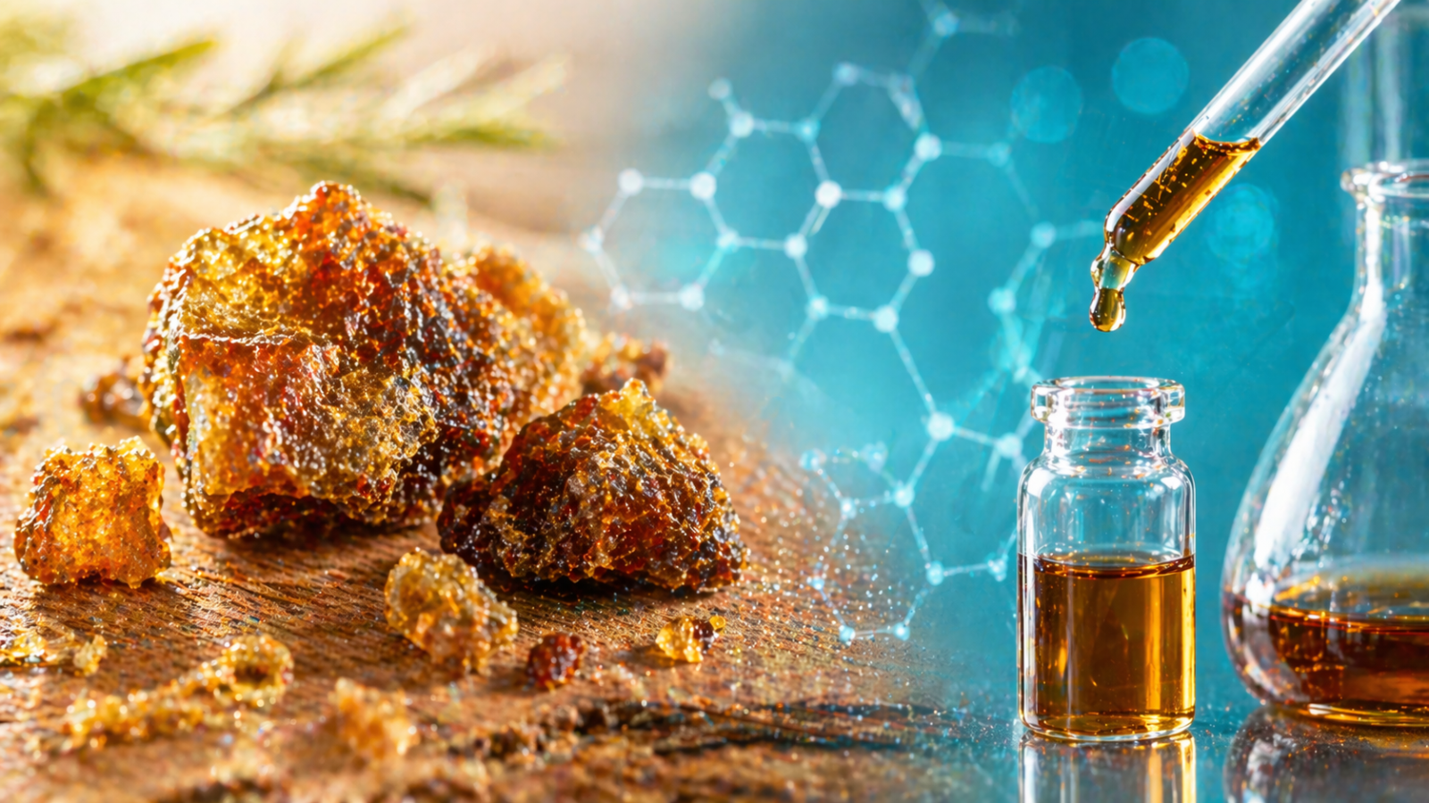 Rohes Propolis und ein Laborextrakt in einer Petrischale – Darstellung der wissenschaftlichen Erforschung von Bienenharz als Naturstoff.