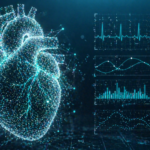 Abstrakte Darstellung eines Herzens aus vernetzten Datenpunkten und Diagrammen als Symbol für die Analyse von Vitalwerten.