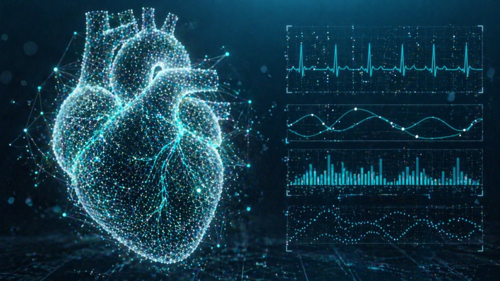 Abstrakte Darstellung eines Herzens aus vernetzten Datenpunkten und Diagrammen als Symbol für die Analyse von Vitalwerten.