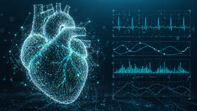 Abstrakte Darstellung eines Herzens aus vernetzten Datenpunkten und Diagrammen als Symbol für die Analyse von Vitalwerten.
