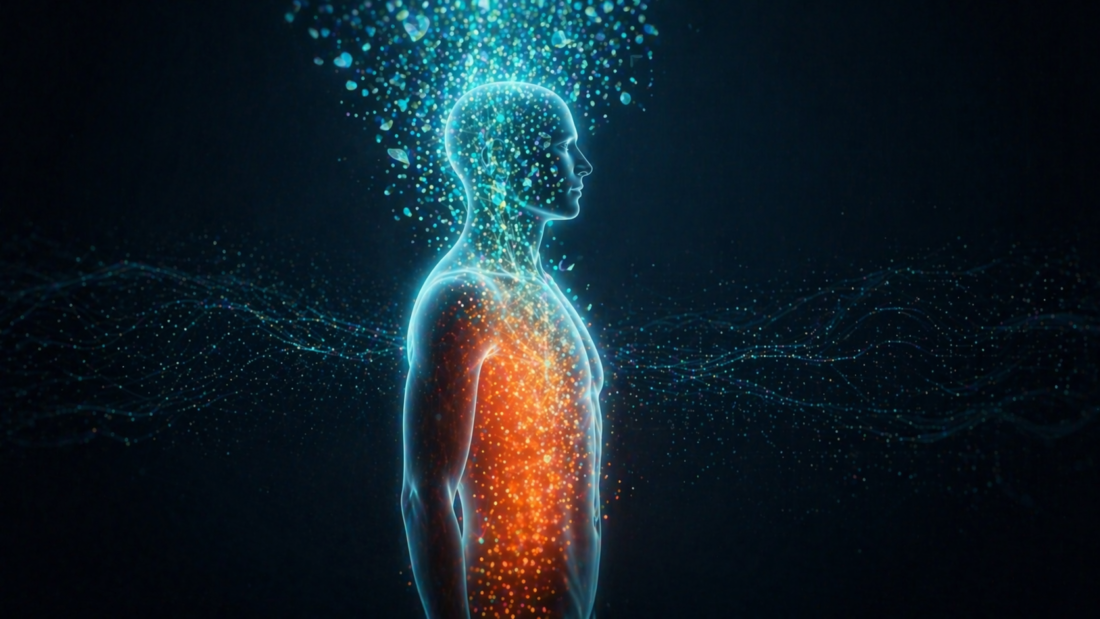 Eine abstrakte Grafik eines menschlichen Körpers mit innerem Glühen, das durch kühlende Elemente neutralisiert wird – Symbol für den Kampf gegen stille Entzündungen.