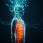 Eine abstrakte Grafik eines menschlichen Körpers mit innerem Glühen, das durch kühlende Elemente neutralisiert wird – Symbol für den Kampf gegen stille Entzündungen.