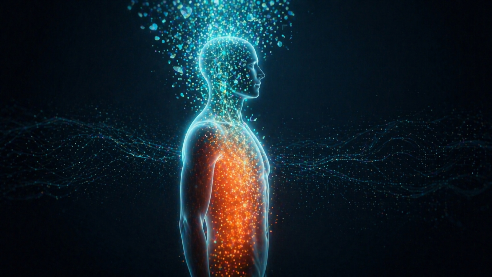 Eine abstrakte Grafik eines menschlichen Körpers mit innerem Glühen, das durch kühlende Elemente neutralisiert wird – Symbol für den Kampf gegen stille Entzündungen.